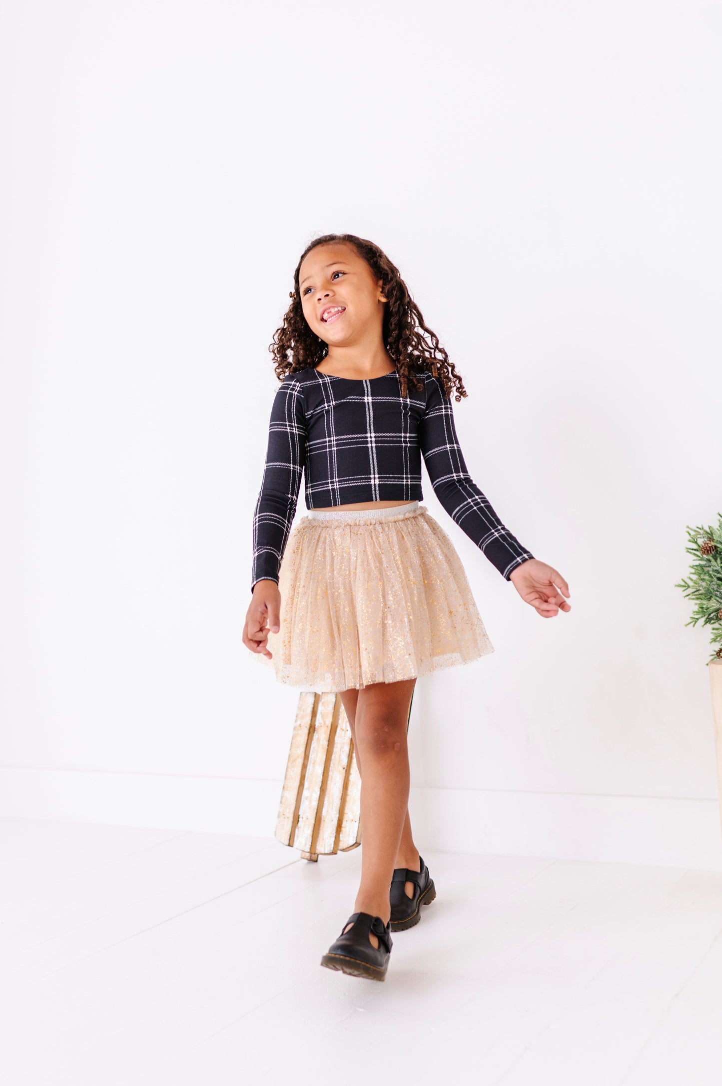 Black Plaid | CROPPED Bow Back Long Sleeve Top