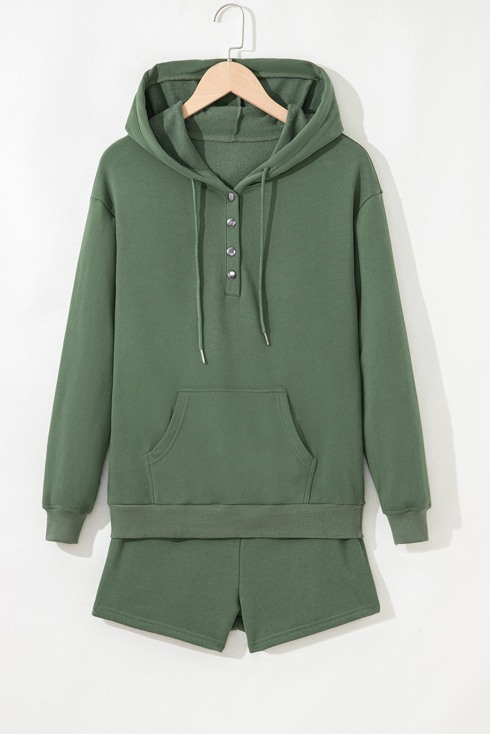 Mist Green Button Drawstring Hooded Pullover and Casual Short Set