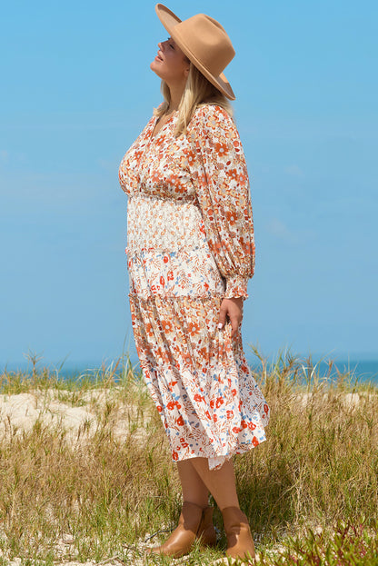 Khaki Plus Size Floral Tiered Ruffle Maxi Dress Aaria Tees