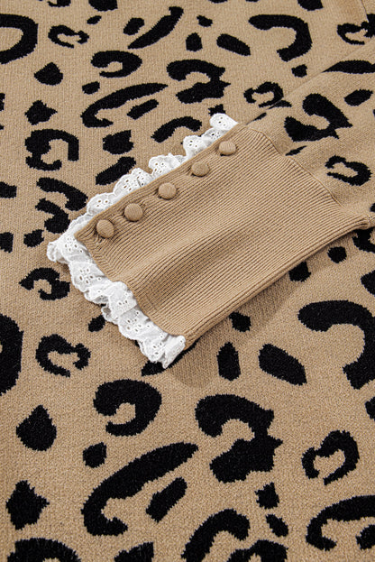 Plus Size Leopard Knit Lacy Trim Long Sleeve Sweater
