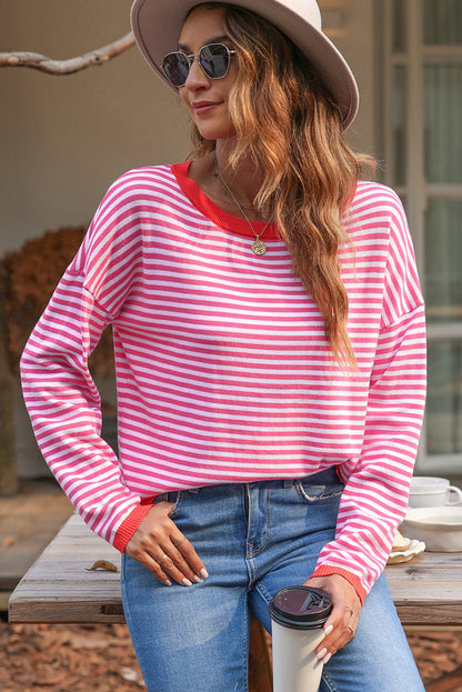 Madelynn Striped Drop Shoulder Sweater - Aaria Tees