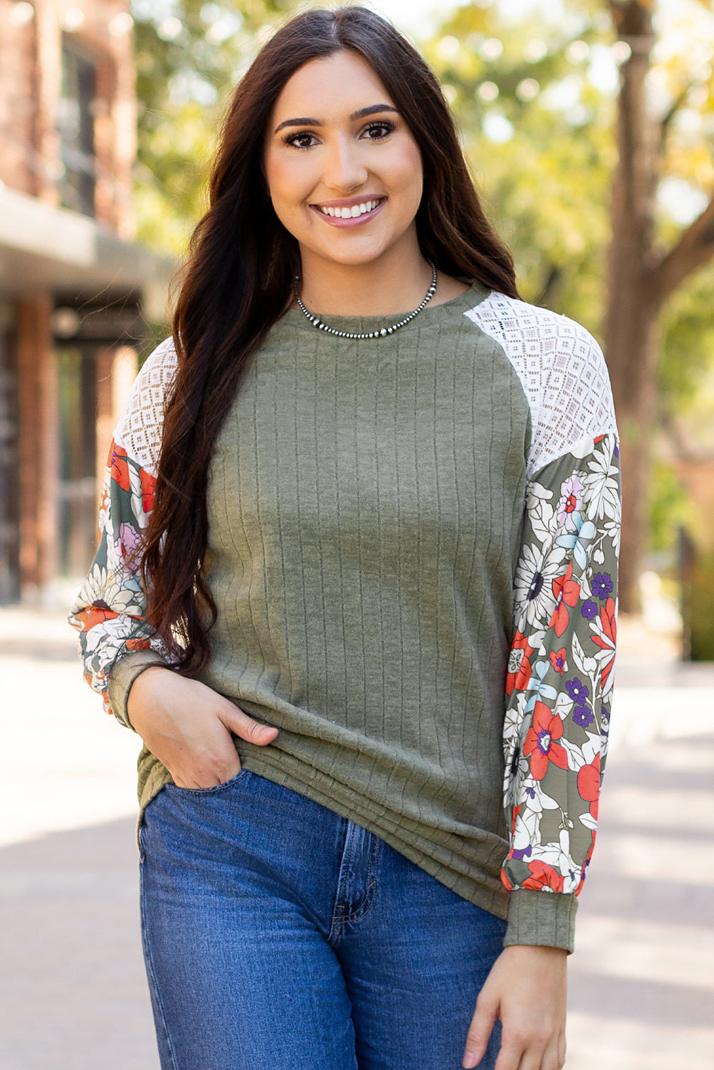 Black Floral Patchwork Long Sleeve Ribbed Blouse Aaria Tees