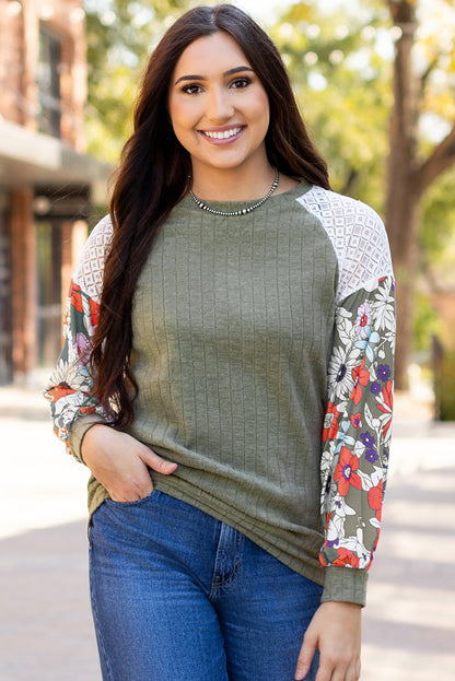Black Floral Patchwork Long Sleeve Ribbed Blouse Aaria Tees