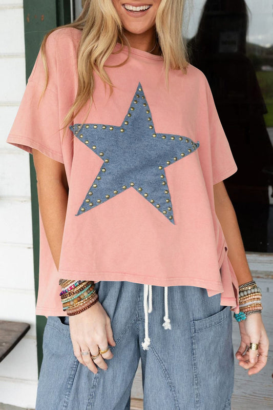 Apricot Pink Mineral Wash Studded Star Patch Graphic High Low Tee - Aaria Tees