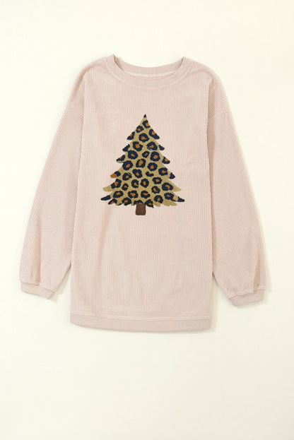 Apricot Leopard Christmas Tree Graphic Corded Sweatshirt