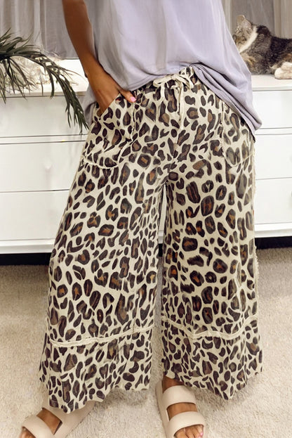 Khaki Leopard Wide Leg Cropped Pants