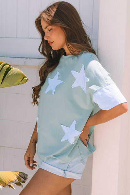 Aruba Blue Frayed Denim Star Patched Oversize T Shirt