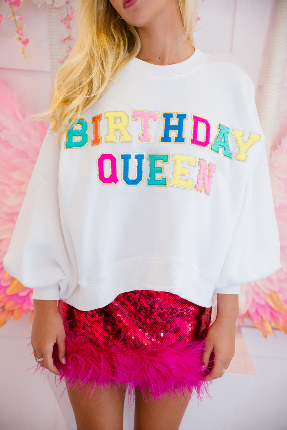 White BIRTHDAY QUEEN Graphic Balloon Sleeve Sweatshirt - Aaria Tees Aaria Tees