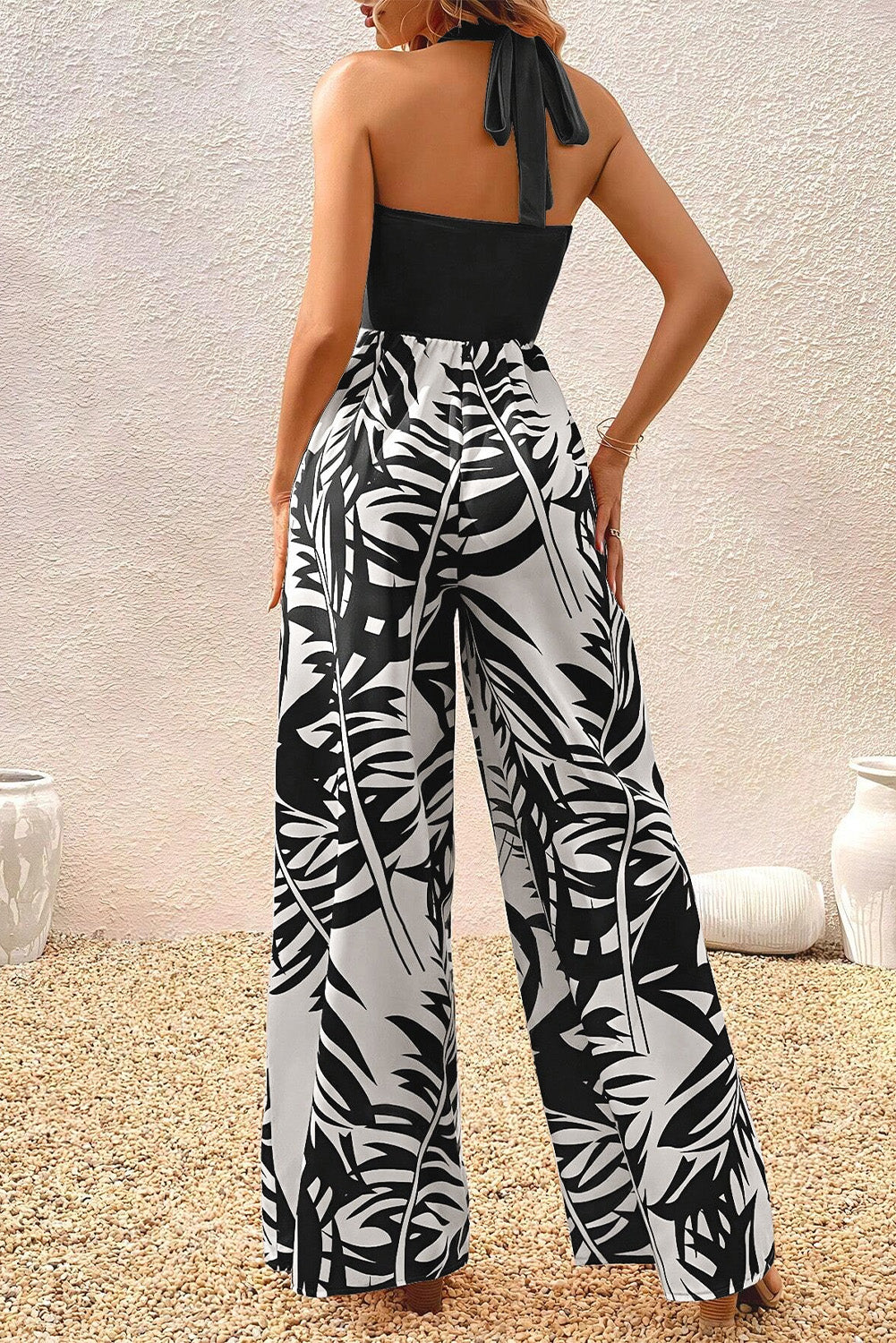 Black Halter Tropical Plant Print Wide Leg Jumpsuit Aaria Tees