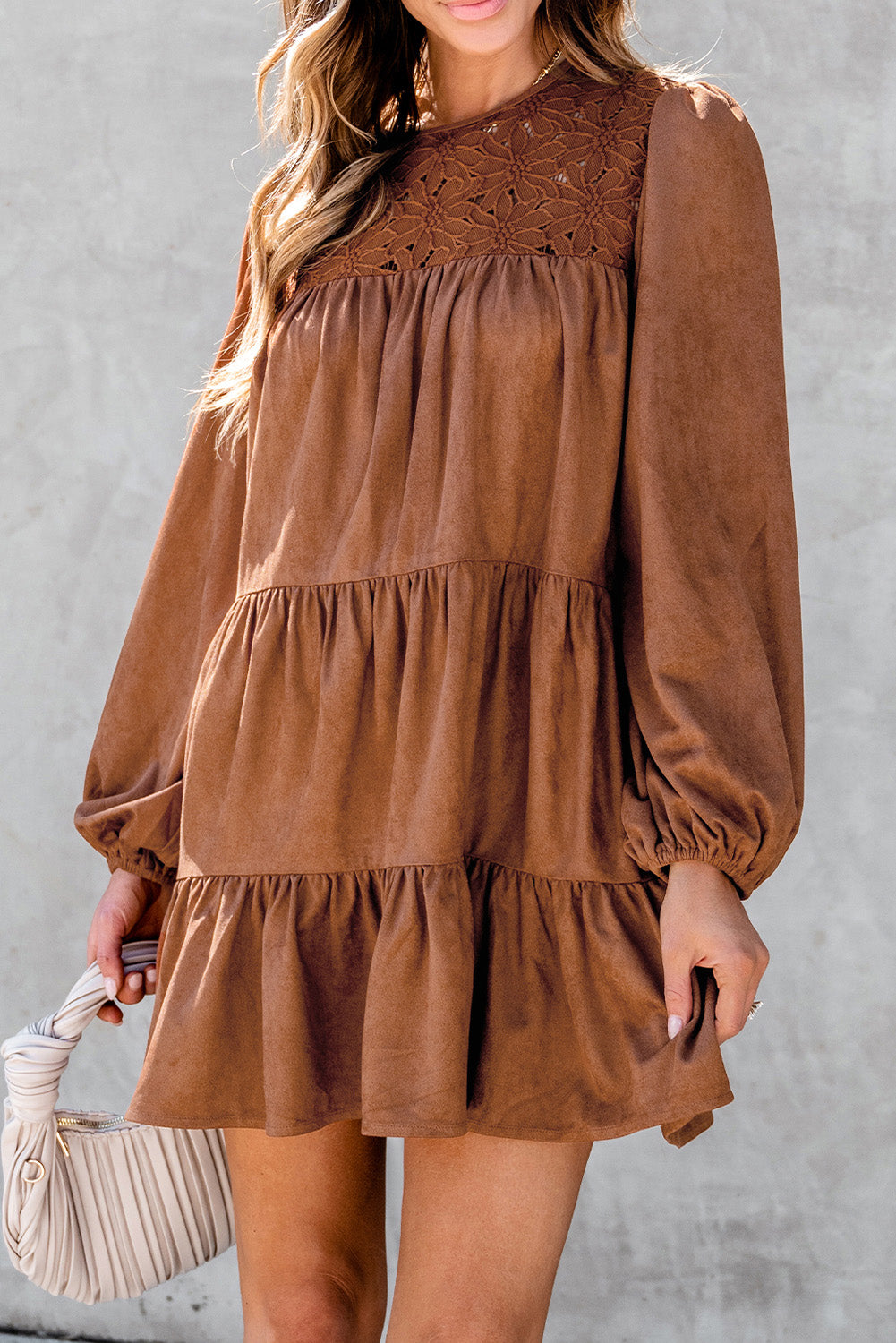 Chestnut Floral Lace Crochet Tiered Ruffled Mini Dress Aaria Tees