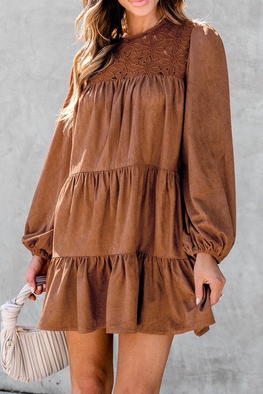 Chestnut Floral Lace Crochet Tiered Ruffled Mini Dress Aaria Tees