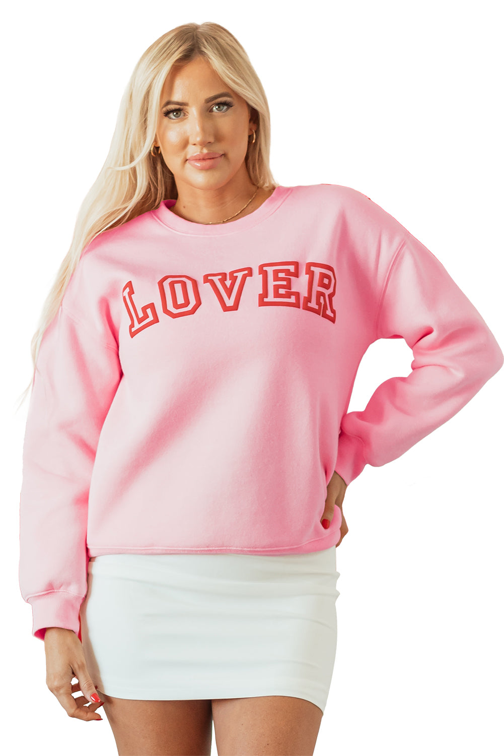 Pink LOVER Puff Print Drop Shoulder Pullover Sweatshirt - Aaria Tees