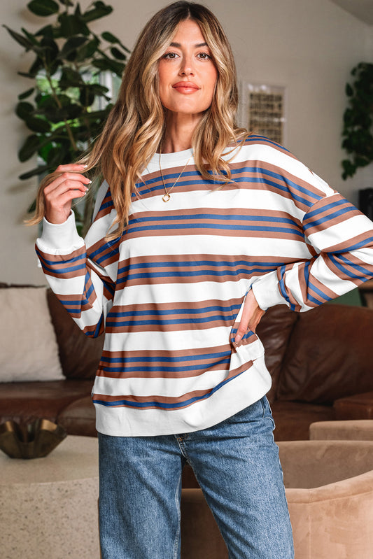 Brown Stripe Crew Neck Drop Shoulder Pullover Sweatshirt