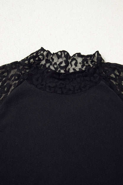 Black Leopard Mesh Patchwork Knit Long Sleeve Top