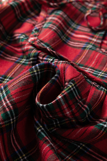 Christmas Plaid Pearl Embellished Ruffle Sleeve Blouse