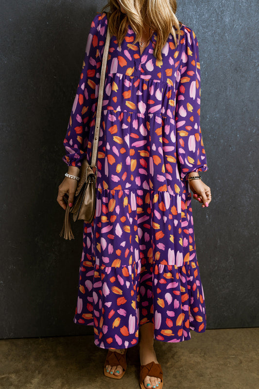Blue Petal Collared Tiered Flowy Long Dress Aaria Tees