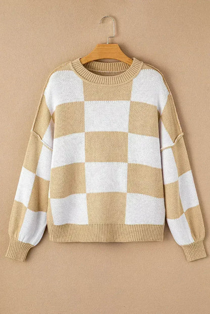 Khaki Checkered Bishop Sleeve Sweater