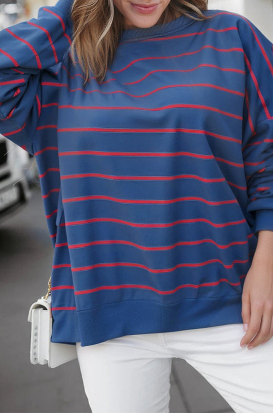 Stripe Overlap Drop Shoulder Pullover Sweatshirt