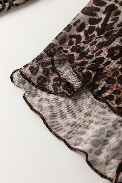 Leopard Sheer Mesh V-Neck Lace-up Top