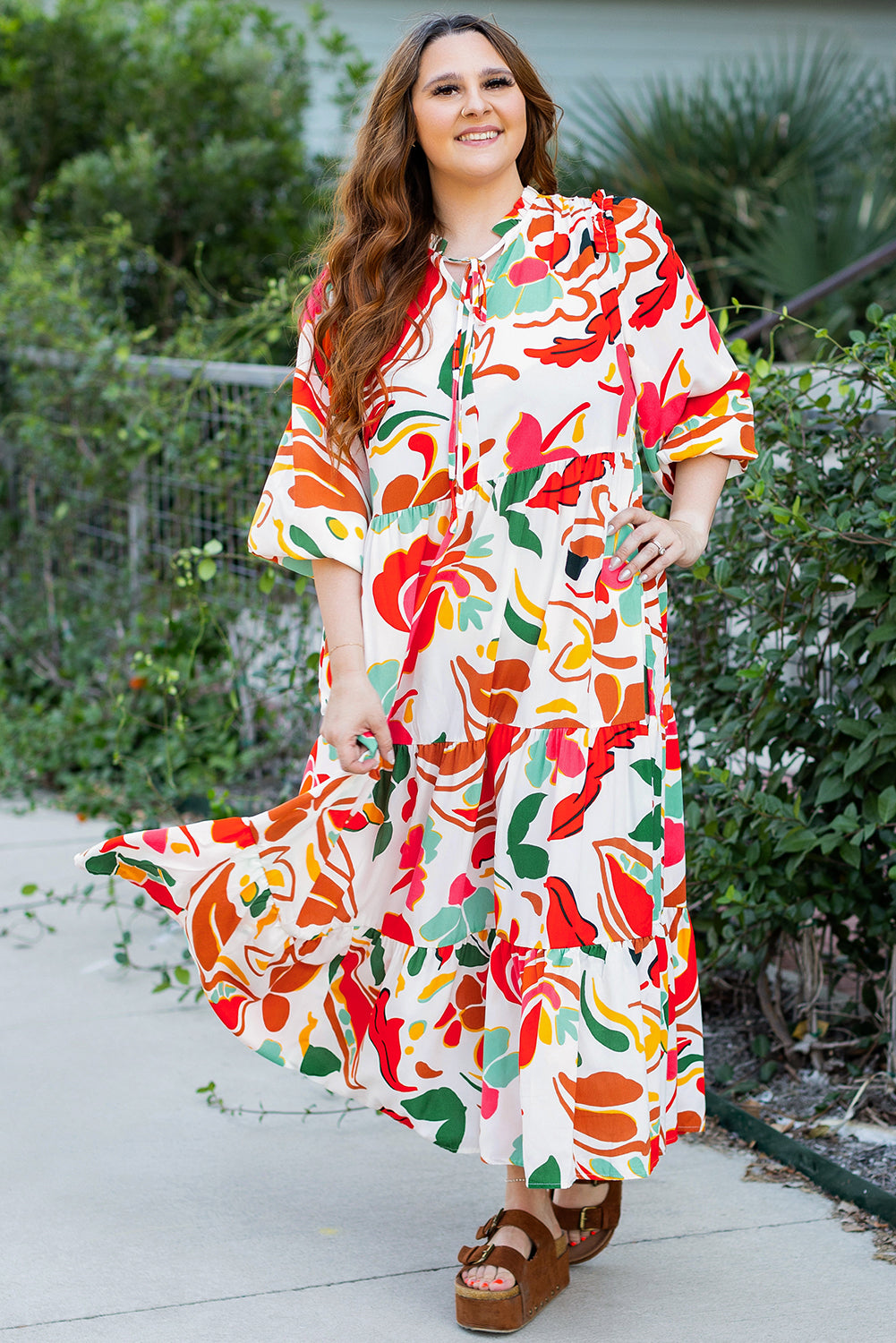 Orange Floral Print Drawstring V Neck Tiered Plus Size Dress Aaria Tees