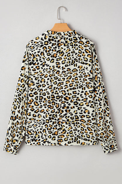 Leopard Contrast Stripe V-Neck Long Sleeve Blouse