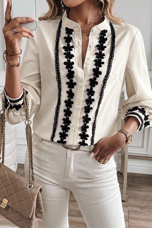 Beige Floral Embroidered Stand Neck Buttoned Shirt Aaria Tees