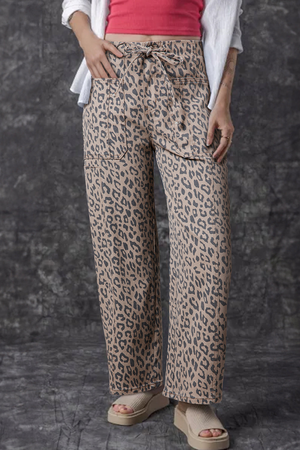 Blue Leopard Printed Drawstring Waist Pocketed Wide Leg Jeans