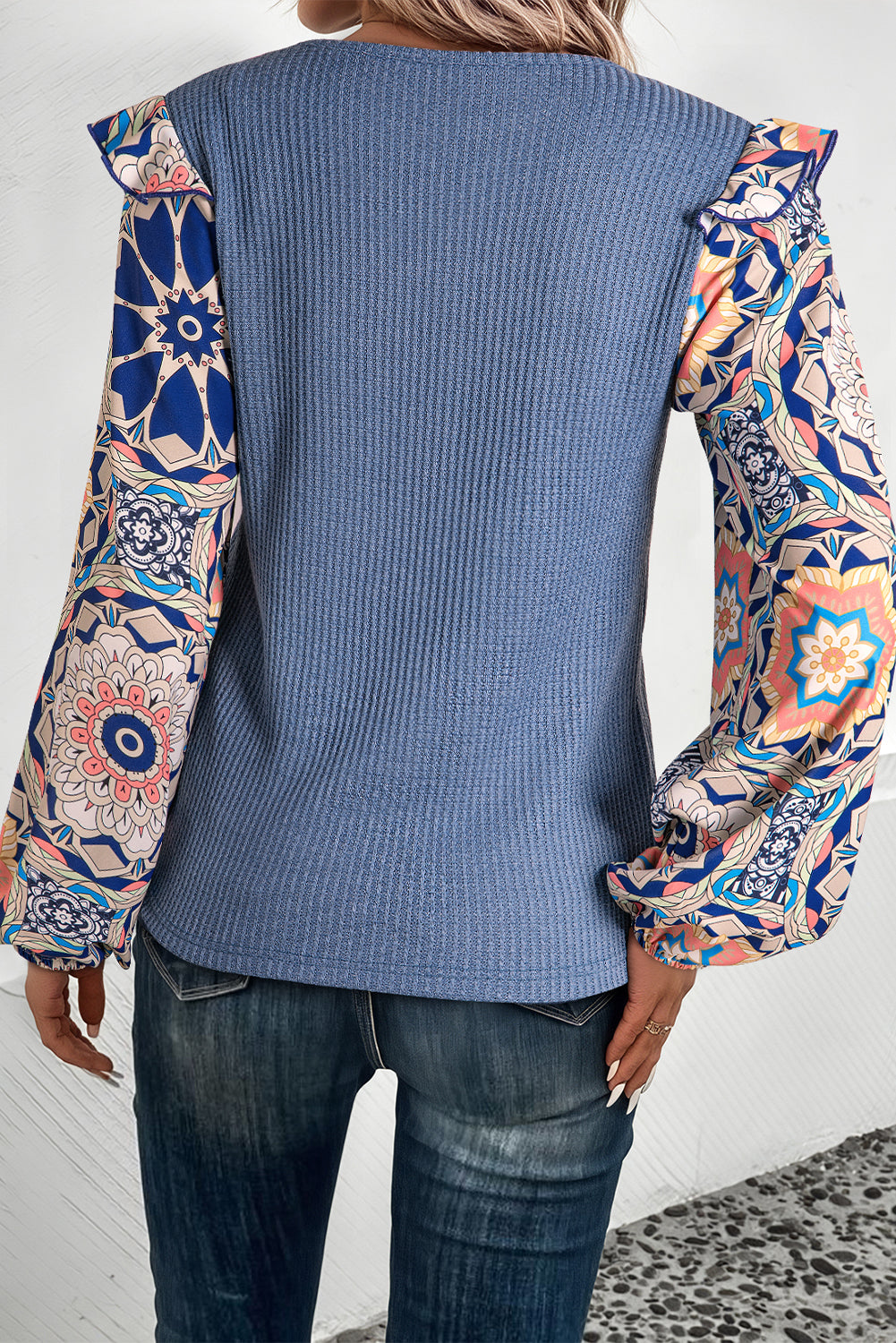 Coffee Ruffled Floral Sleeve Patchwork Waffle Knit O Neck Blouse Aaria Tees