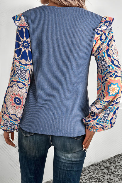 Coffee Ruffled Floral Sleeve Patchwork Waffle Knit O Neck Blouse Aaria Tees