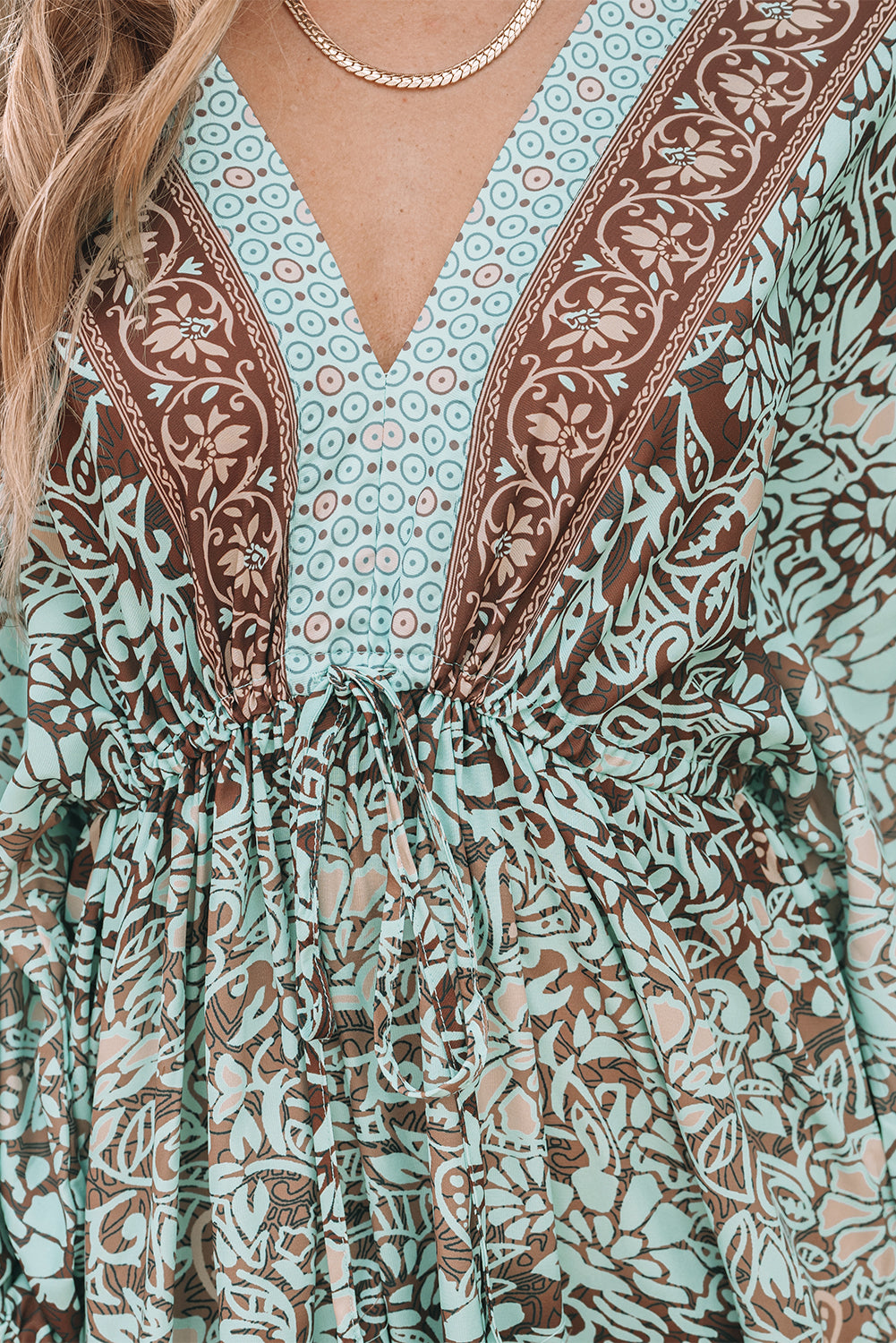 Green Boho Floral Print Lace-up Open Back High Waist Maxi Dress - Aaria Tees