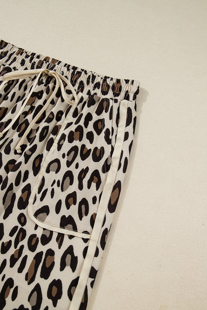 Khaki Leopard Wide Leg Cropped Pants