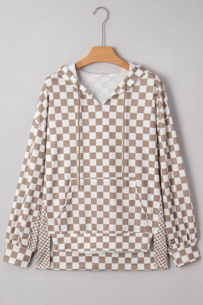 Khaki Double Checkered Patchwork Tie Neck Oversize Hoodie