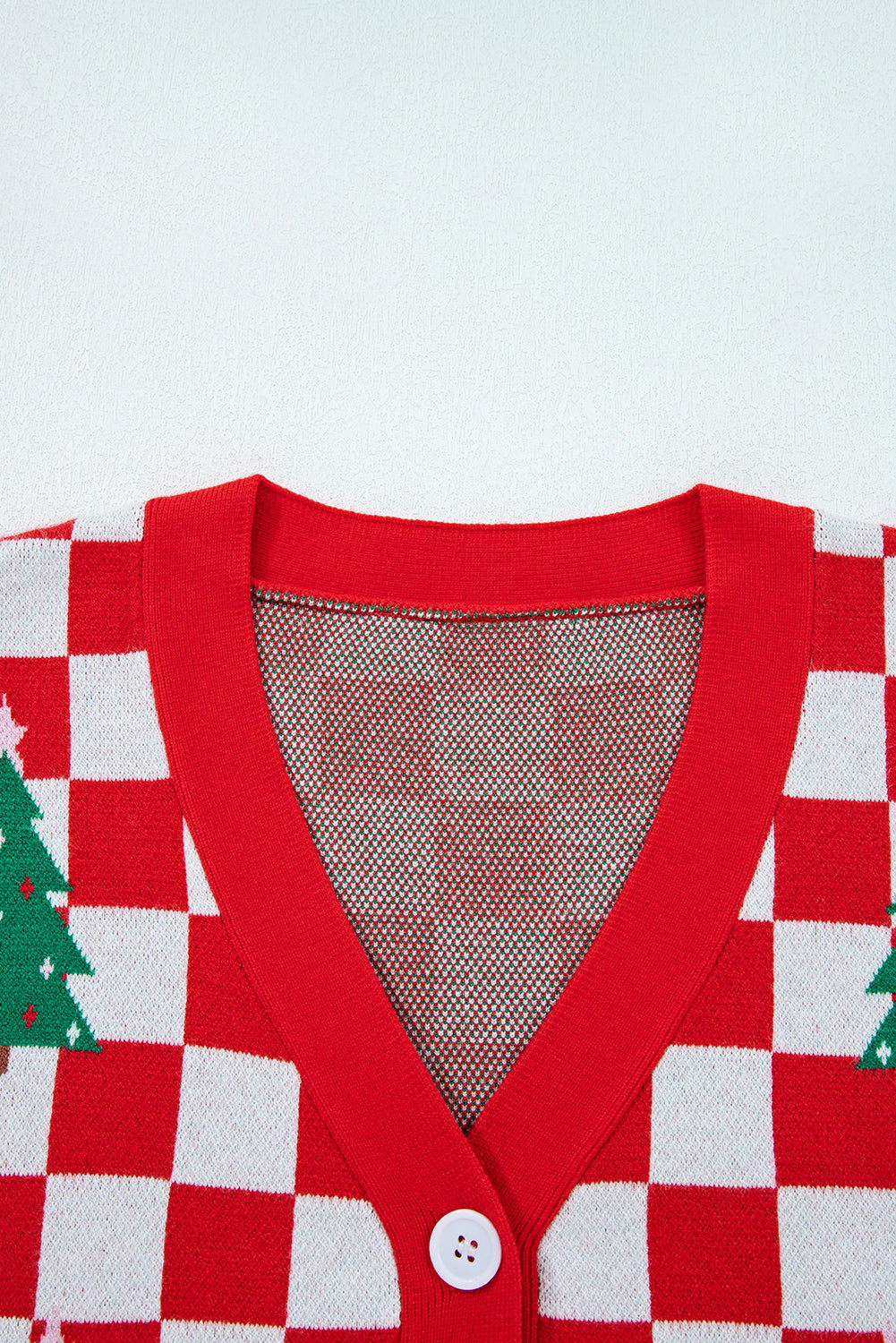 Checker Christmas Tree Buttoned V-Neck Cardigan Sweater
