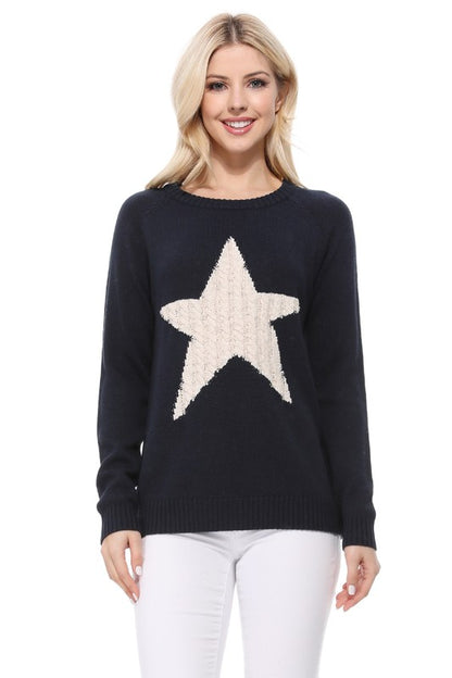 Cute Star Jacquard Round Neck Pullover Sweater - Aaria Tees