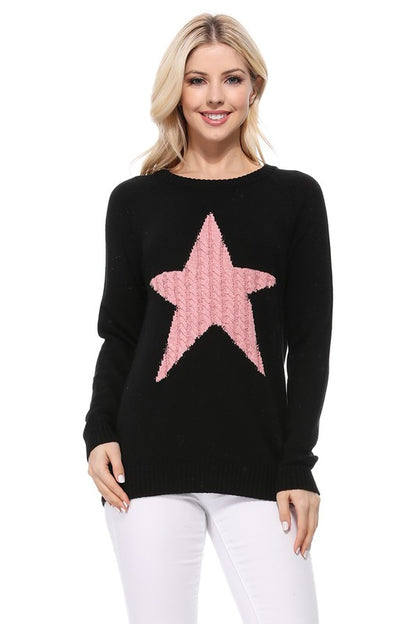 Cute Star Jacquard Round Neck Pullover Sweater - Aaria Tees