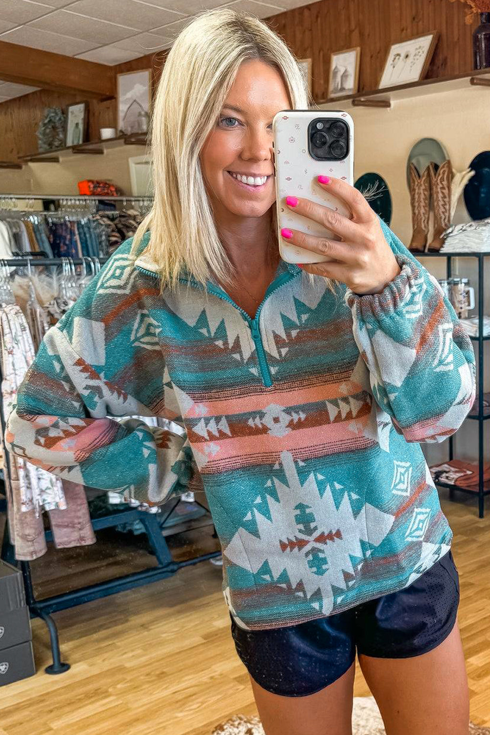 Green Quarter Zip Elastic Cuffs Aztec Sweatshirt