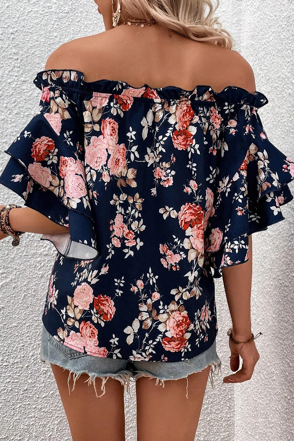 Blue Ruffle Off Shoulder Flounce Sleeve Floral Blouse Aaria Tees