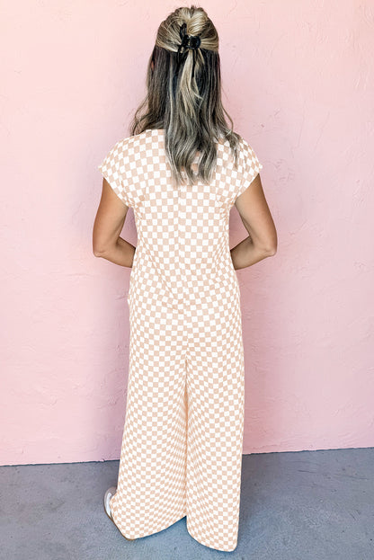 Khaki Checkered Print Buttoned Crew Neck Wide Leg Jumpsuit