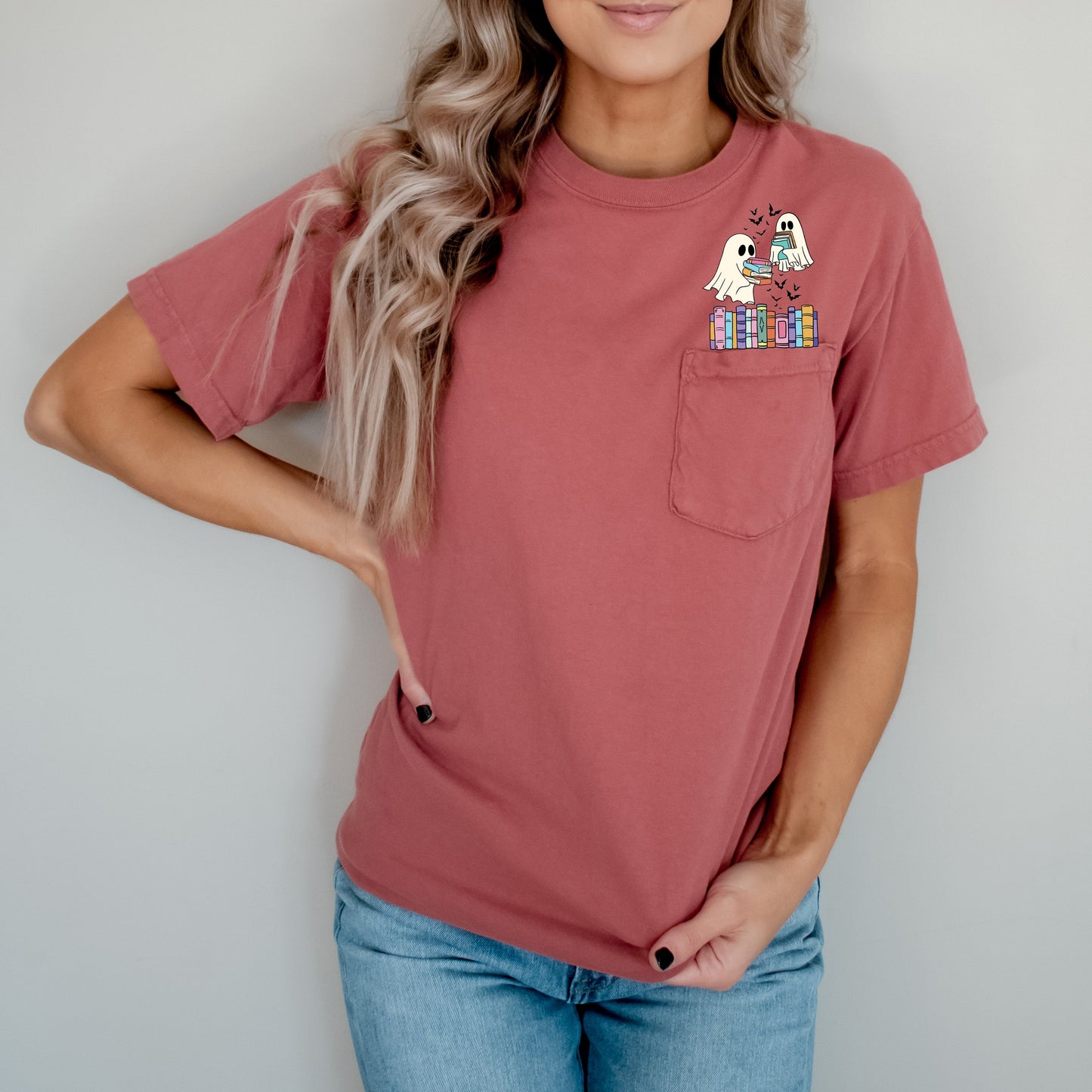 Cute Book Lover Ghosts, Reading, Library, Teacher, Halloween, Pocket, Comfort Colors Pocket T-Shirt
