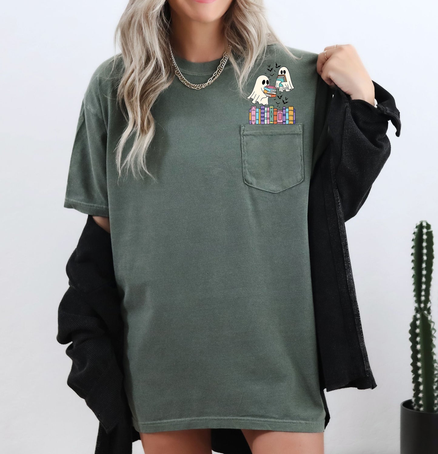 Cute Book Lover Ghosts, Reading, Library, Teacher, Halloween, Pocket, Comfort Colors Pocket T-Shirt