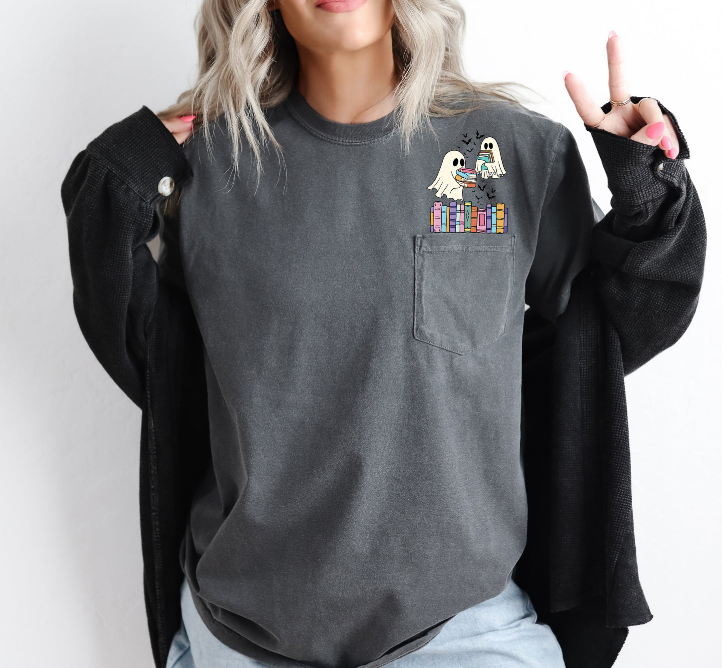 Cute Book Lover Ghosts, Reading, Library, Teacher, Halloween, Pocket, Comfort Colors Pocket T-Shirt