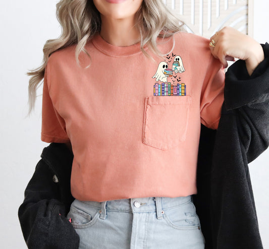 Cute Book Lover Ghosts, Reading, Library, Teacher, Halloween, Pocket, Comfort Colors Pocket T-Shirt