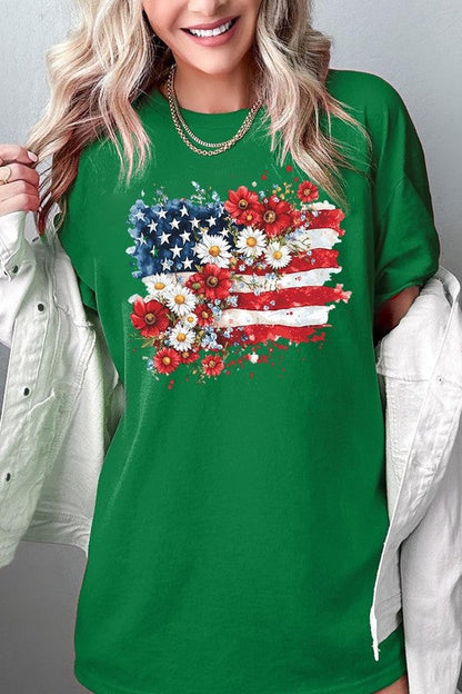 PLUS Floral American Flag Graphic Plus Heavy Cotton Tee