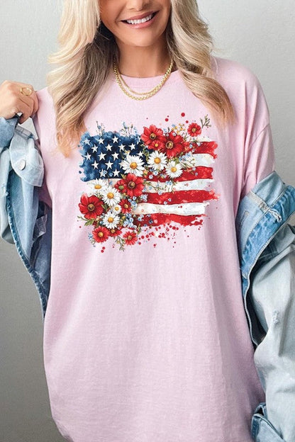 PLUS Floral American Flag Graphic Plus Heavy Cotton Tee