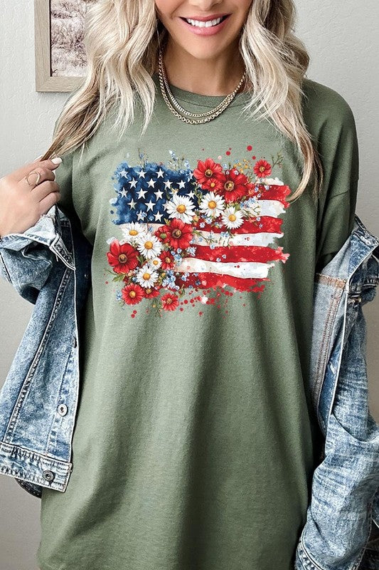 PLUS Floral American Flag Graphic Plus Heavy Cotton Tee