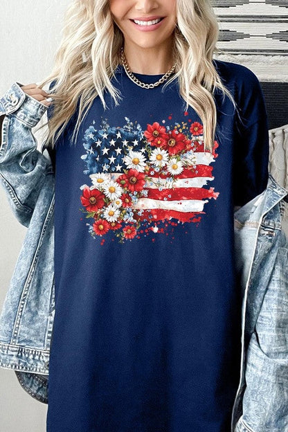 PLUS Floral American Flag Graphic Plus Heavy Cotton Tee