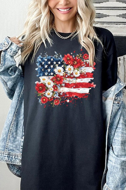PLUS Floral American Flag Graphic Plus Heavy Cotton Tee