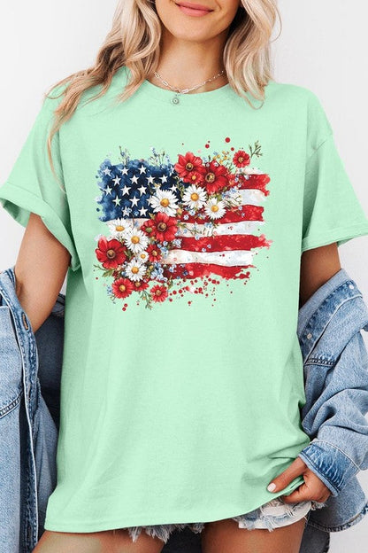 PLUS Floral American Flag Graphic Plus Heavy Cotton Tee