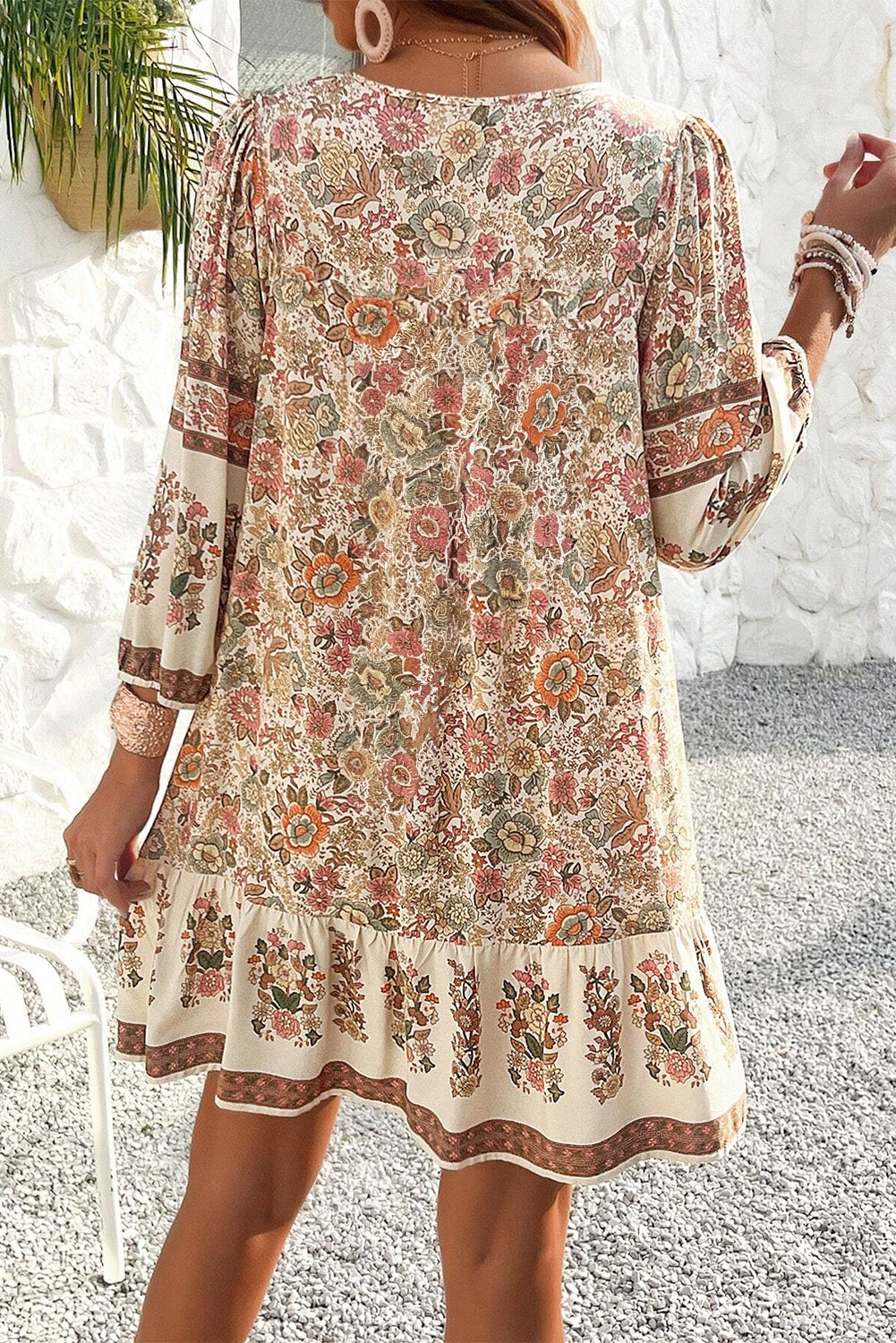 Apricot Floral Print Tassel Drawstring V Neck Loose Mini Dress Aaria Tees