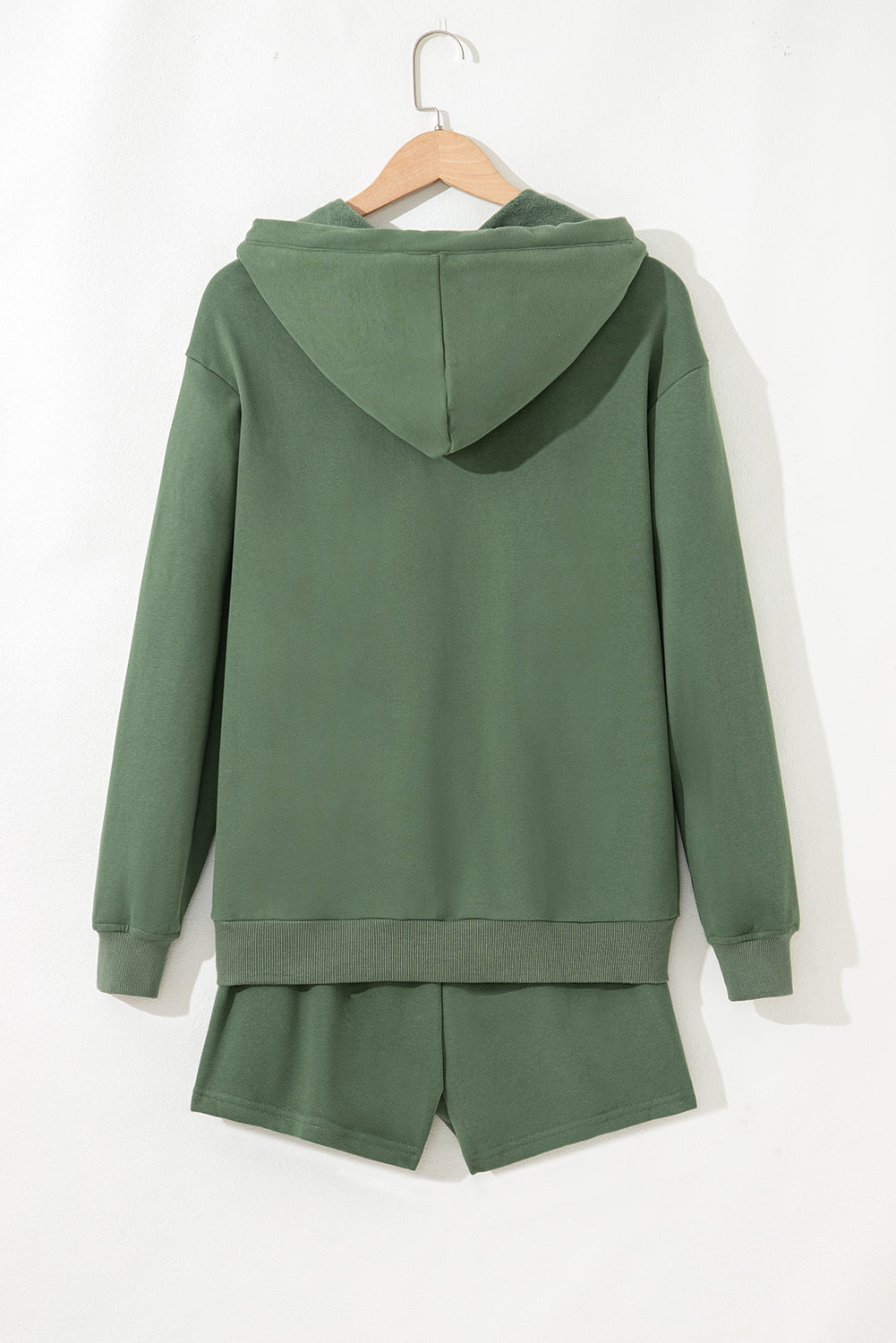 Mist Green Button Drawstring Hooded Pullover and Casual Short Set